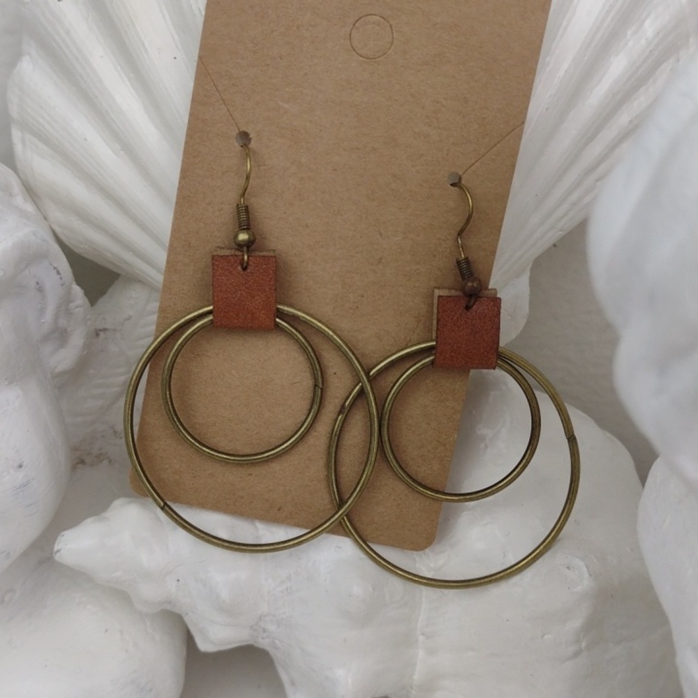 Brassy Boho Double Hoop Cool Brown  Leather Accent Drop Hoop Earrings